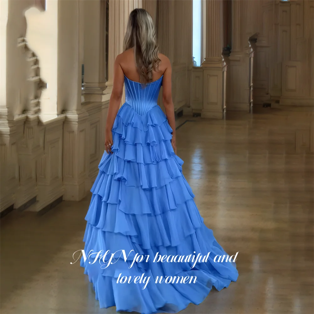 NFYN Blue Long Chiffion Prom Dress A Line Strapless Formal Night Dresses Sweetheart  Pleat Evening Gown Customized فستان سهرة نس