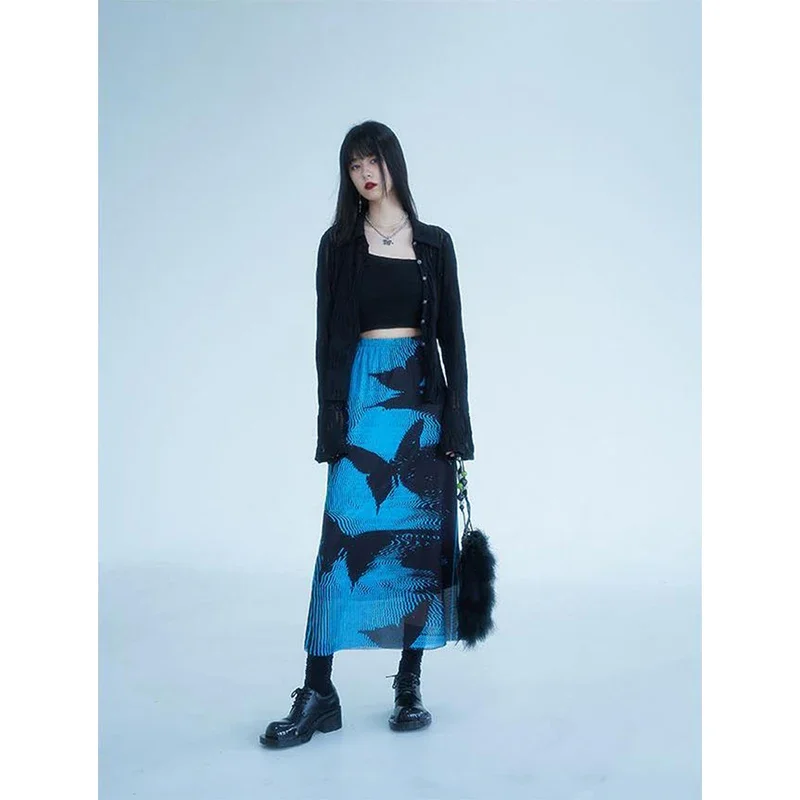 Korean Mesh Print Midi Skirt Women Gothic Butterfly Pleated Skirts Summer Vintage Aesthetic High Waist A Line Faldas y2k skirt