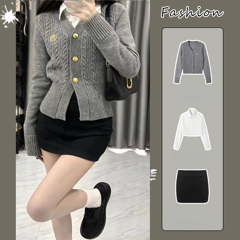 Spring New College Style Jumper Cardigan Suit Skirt Female Korean Campus Top Small Short Skirt Tide Three-piece Set