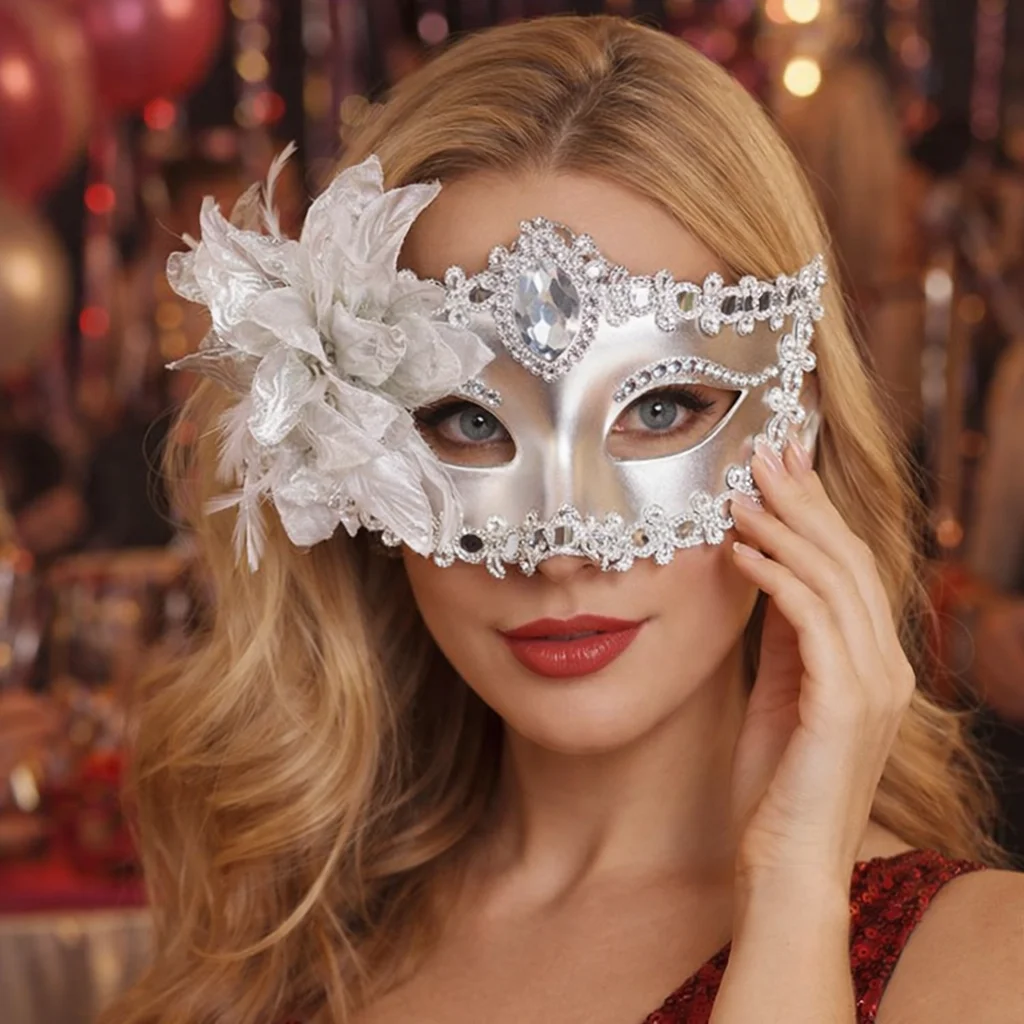 Máscara de Luxo com Flores e Strass, Máscara Veneziana Elegante de Meio Rosto para Mulheres, Festa de Halloween, Casamento e Eventos Temáticos