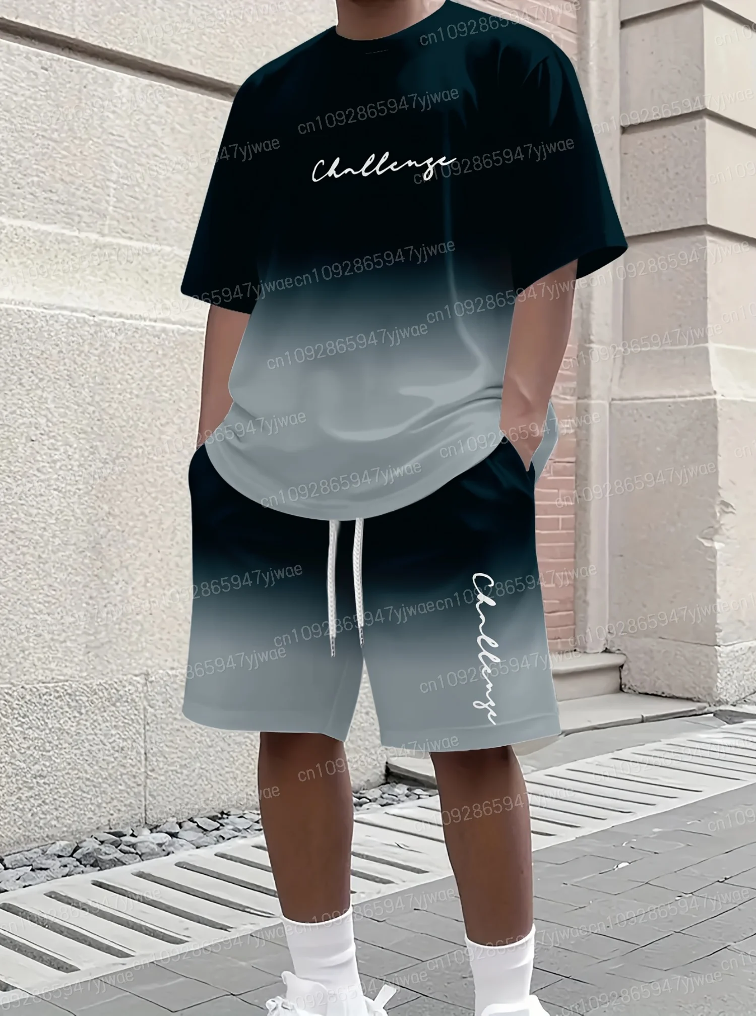 Summer Men Gradient lightning Men's 2 Pieces Set Adult Sportswear Fitness Set Men's Tracksuit 2 Pieces Set Oversized Clothes