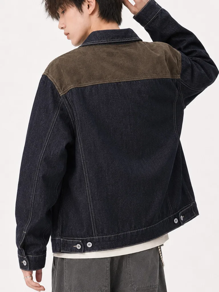 Retro Faux Leather Denim Jacket Men's Loose Casual Short Style Color Block Design Windproof And Durable for Outdoor And Daily...