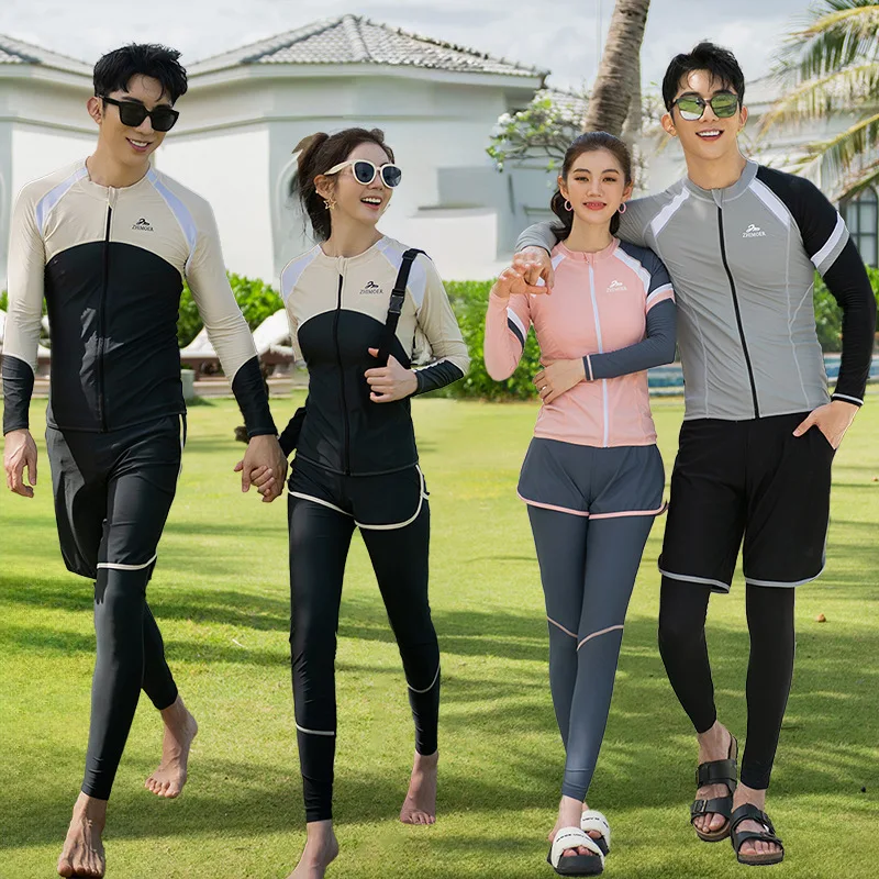 

Couples Men Rash Guard 3 Piece Zipper Swimwear Long Sleeve RashGuards Women 5 Pieces Swimsuit Surfing Pad Long Pant Bathing Suit