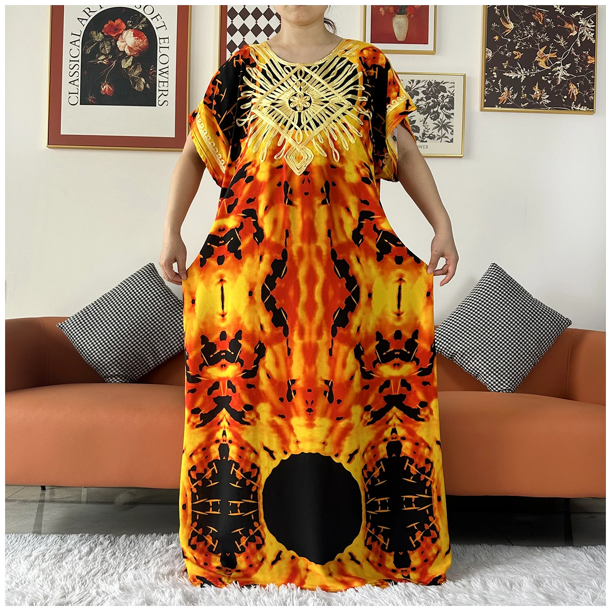 2 Pieces African Dashiki Floral Printing Loose Cotton Caftan Lady Summer Maxi Casual Dresses With Scarf  Vestidos Short Sleeve