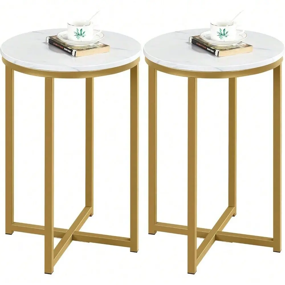 

End Table Set Of 2,16in Faux Marble Accent Table,Modern Side Table With Marble Top And Metal Frame,Small Coffee Table Telephone