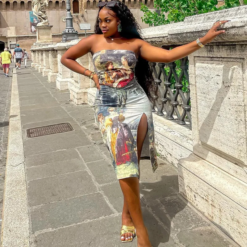 

Sexy Printed 2 Piece Skirt Sets Summer Elegant Luxury Outfit 2023 Y2K Streetwear Fashion Strapless Mini Slit Dress Two Piece Set