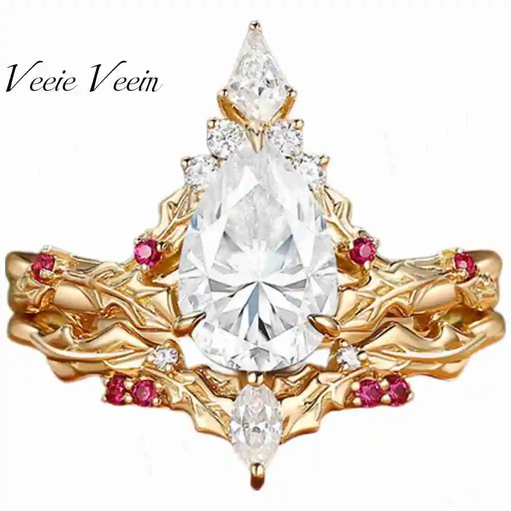 Veeie Veein Jewelry Ins Wind 1.5 Carat Water Drop Crown Wedding Ring Female Europe And America S925 Sterling Silver Gold Plated