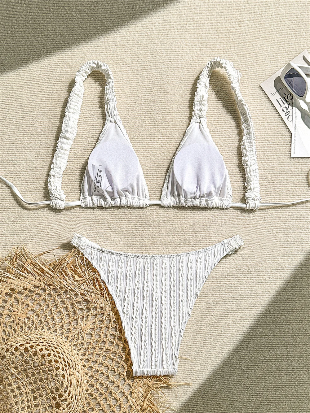 Sexy White Bikini Pleated Textured Elastic Straps Bikini Pink Swimsuit Women Backless String Swimwear Beach Outfits Bathing Suit