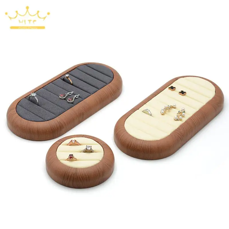 Round and Oval Rings Displayed Wooden Tray with Gray and Beige Velvet Lining Suitable for Holding Rings and Earrings