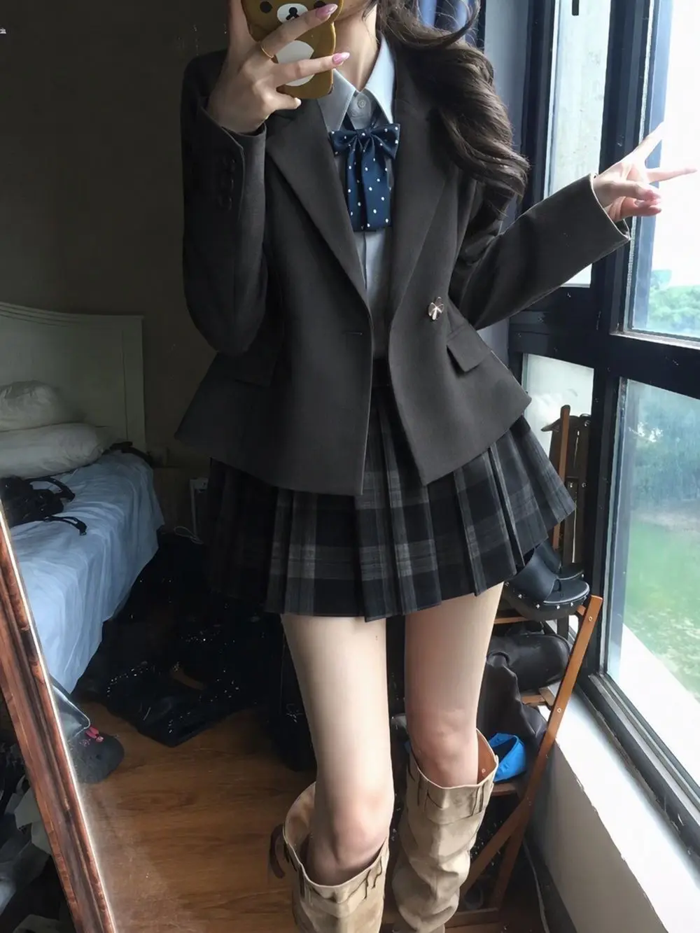 Y2K Korean Vintage Jk 3Piece Set Women High Waist Plaid Pleated Skirt Blazer Button Shirt Bow Tie Slim Fit Elegant School Outfit