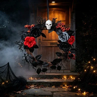 Halloween Black Rose Wreath Dead Branch Wreath Simulation Decoration Door Hanging Holiday Arrangement Rattan Wall Hanging