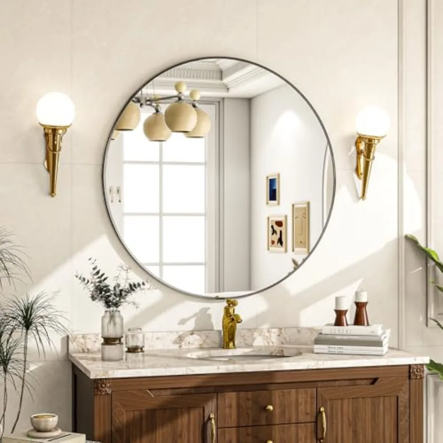 

Круглое настенное зеркало - 28-дюймовое круглое зеркало для ванной комнаты с алюминиевой рамой для спальни, гостиной, прихожей