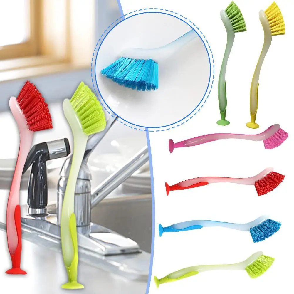 Multifunctional Pot Cleaning Brush Vertical Dishwashing Brush Kitchen Suction Cup Type Sink Cleaning Scrub LongHandle Tool Brush