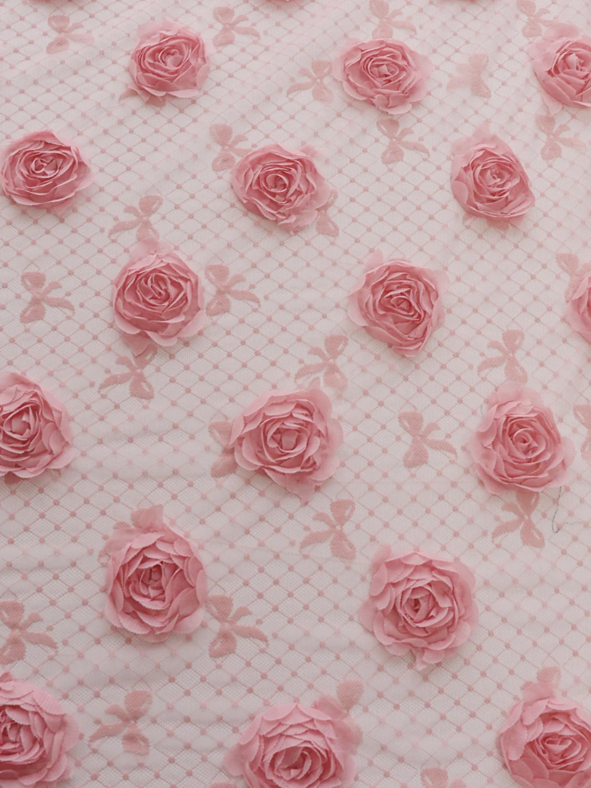 Pink 3D Rose Embroidery Mesh Lace Fabric for Wedding Dress Designer Fabric By The Meter