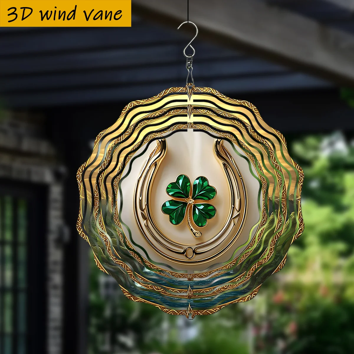 CIFbuy 3D Lucky Horseshoe Metal Wind Chime, Four Leaf Clover Iron Art, Double Sided Dynamic Garden Yard Hanging Decor