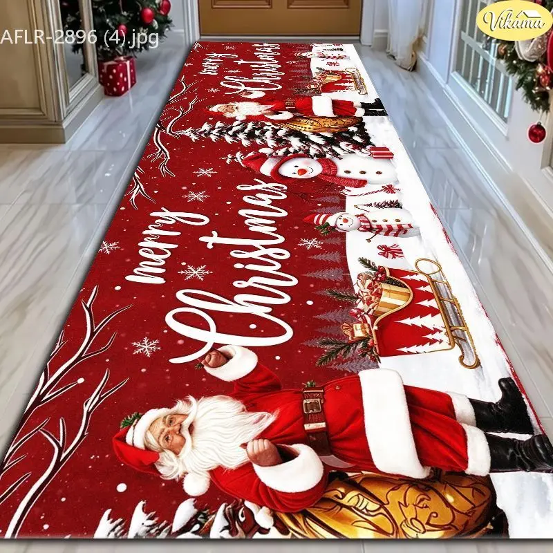 VIKAMA Red Santa Snowman Sleigh Velvet Hallway Runner Non Slip Floor Mat for Holiday Soft Cozy Aesthetic Decorative Home Decor