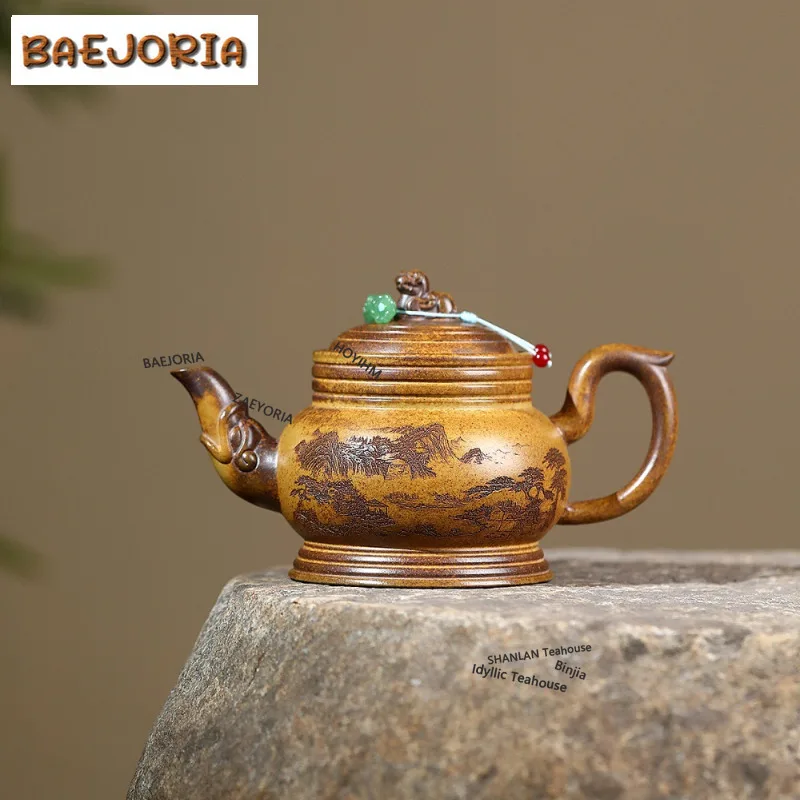BAEJORIA 410ml Yixing Purple Clay Teapots Handmade Auspicious Beast Pot Raw Ore The Keel Gold Sand Mud Tea Soaking Kettle Zisha