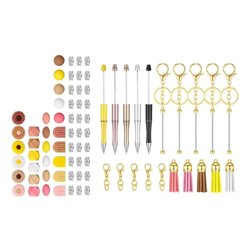 Beadable Ballpoint Pen Set Including Beads, Lobster Clasps Keychain and Tassels