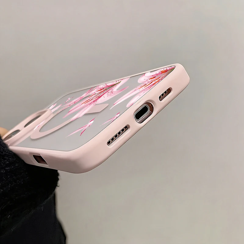 Funda Magnética con Diseño de Flores Rosadas y Pájaros para iPhone 17 16 12 14 15 Pro Max Plus Air 17E 16E 11 13, Compatible con Carga Inalámbrica Magsafe