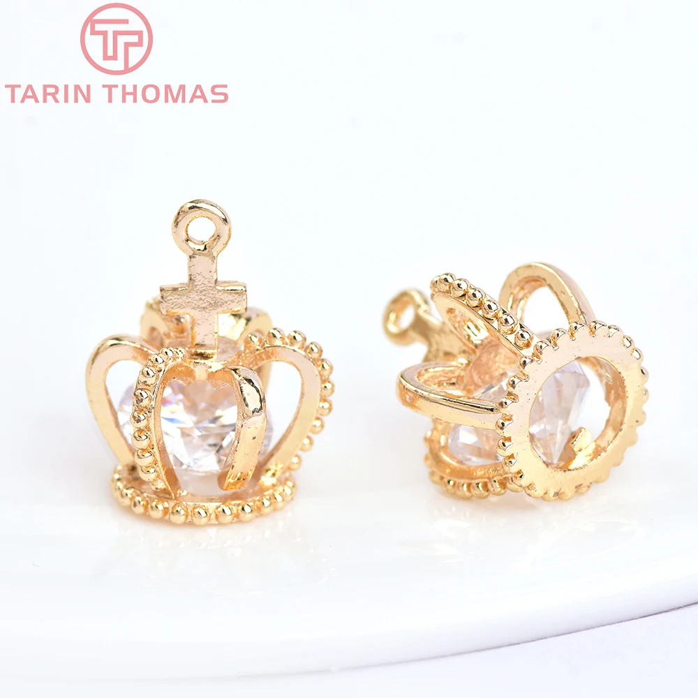 (1517) 6PCS 11x15MM 24K Gold Color Plated Brass with Zircon Crown Charms Pendants High Quality Jewelry Accessories