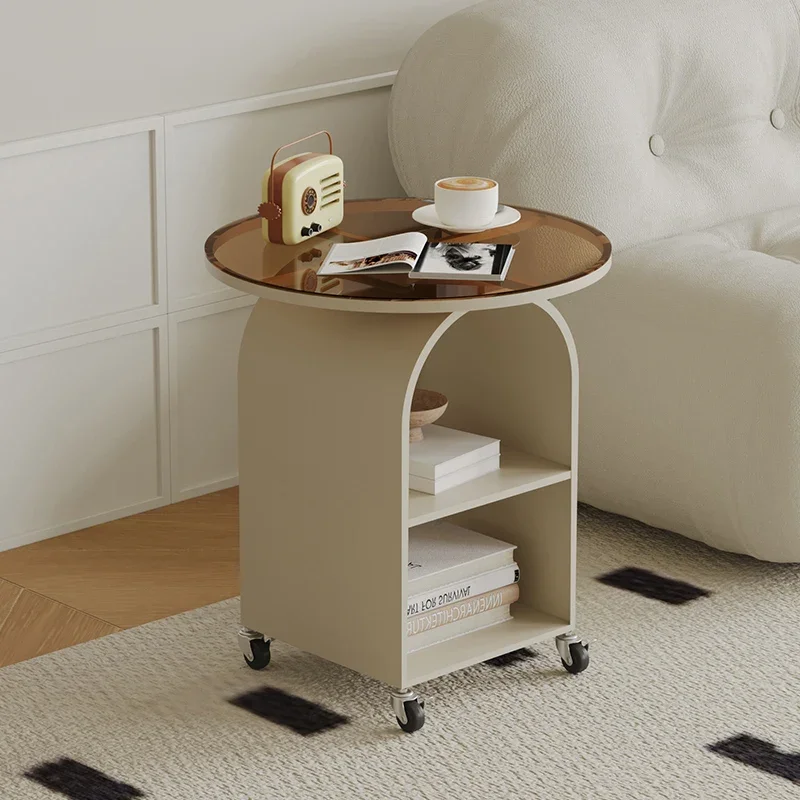 Movable side table Living room with wheel glass Small coffee table Internet celebrity Simple small round table Bedroom Bedside t