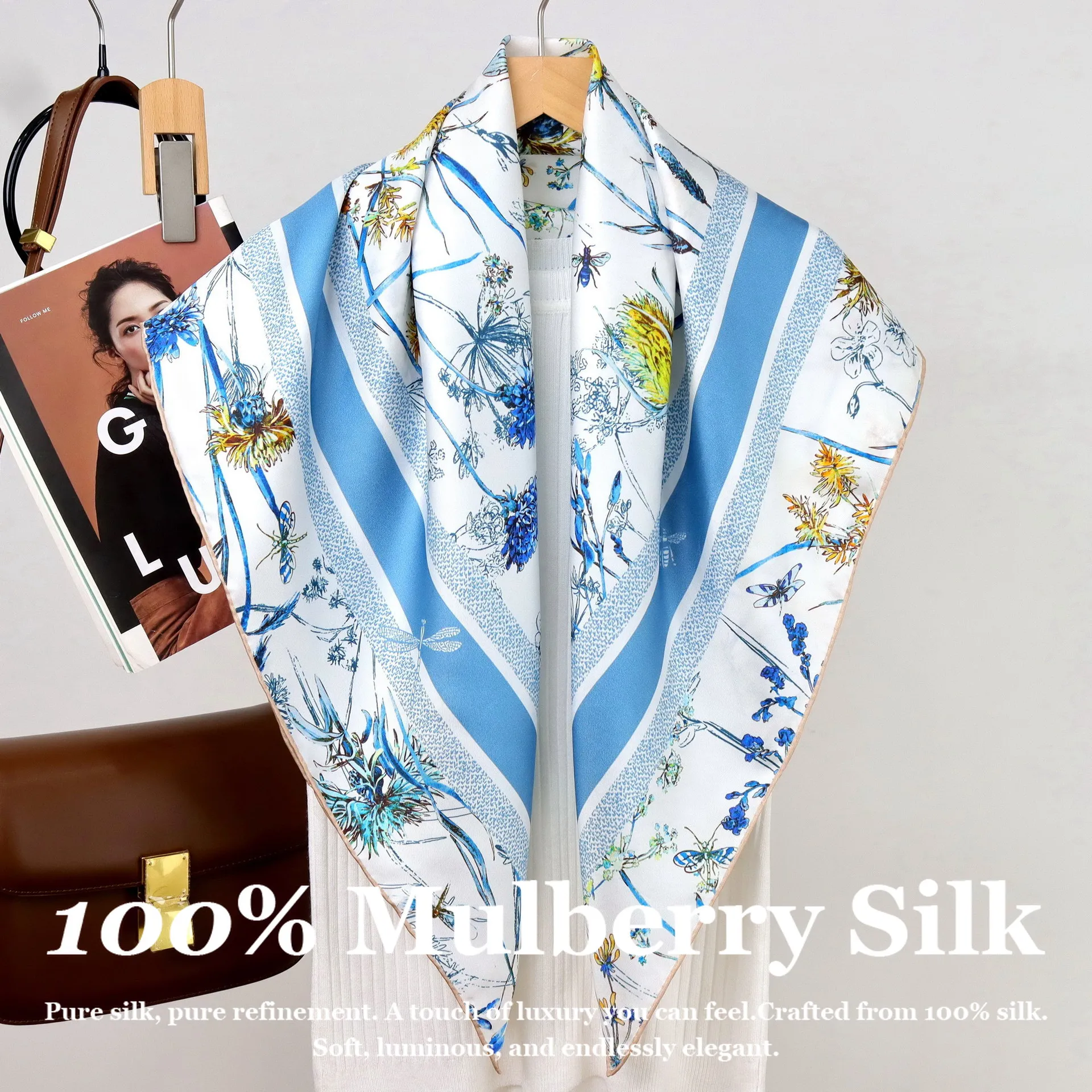 

Шарф из 100% натурального шелка 90x90 см, большой квадратный платок из натурального шелка для женщин, модный фулярд с дизайнерским цветочным принтом, повязка для волос, бандана