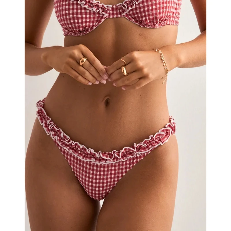 Women's Gingham Bikini Set Ruffled Trim Underwire Top and High Cut Bottom 2 Pcs Set Plaid Swimsuit