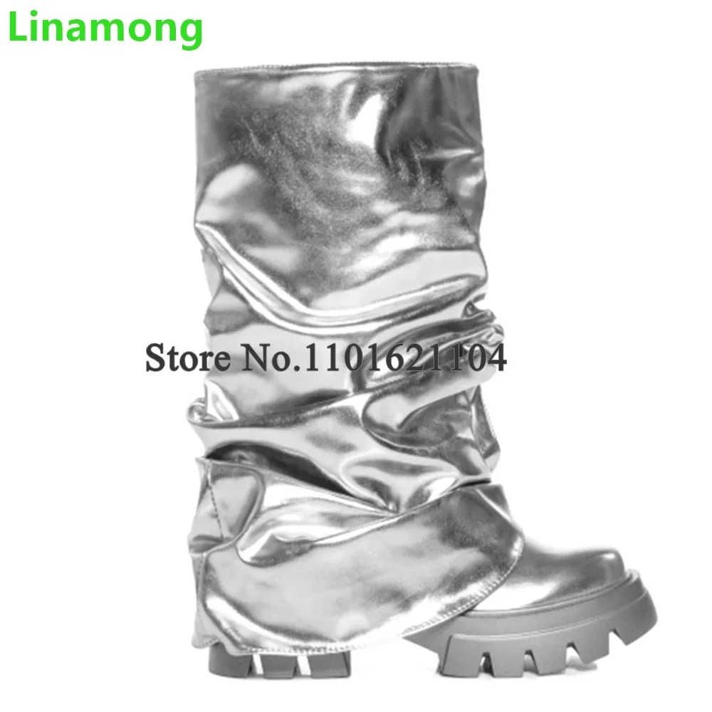 

Thick Sole Non-slip Solid Luxury Shark Boots For Female Women Round Toe Slip-on Fashion Runway Hot Sale All-match Wrinkle Shoes