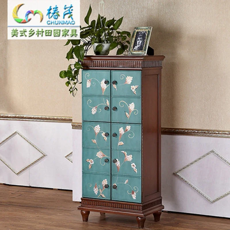 American Country Retro Solid Wood Painted  Antique Locker Corner Balcony High Cabinet Shoe Cabinet