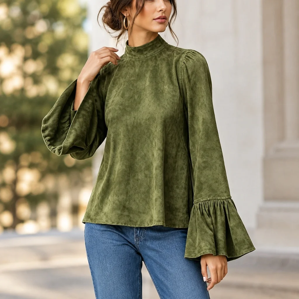 Long Sleeve Half High Neck Top with Relaxed Silhouette and Wrinkle Resistant Finish in Elegant Regular Length Women T Shirts