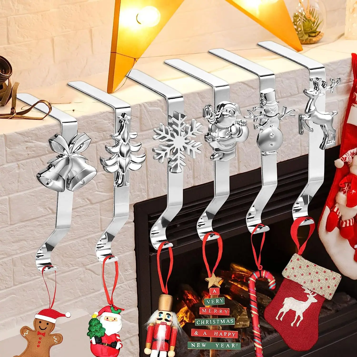Metal Christmas Stocking Holder Hangers Mantle Fireplace Wall Mounted Hook Set for Holiday Decor Festive Decoration Supply