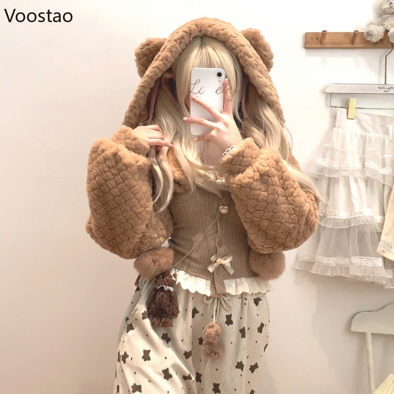 Vintage Bear Bunny Ears Hooded Coats Women Sweet Y2k Cute Plush Ball Warm Cardigan Short Jackets Female Korean Chic Outwear Tops