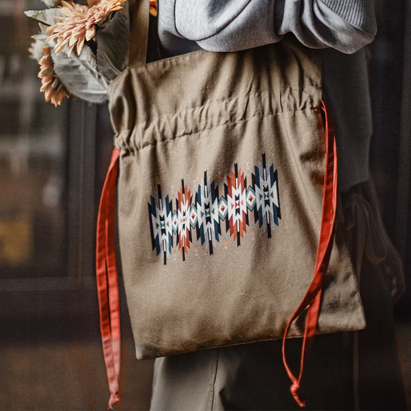 Maden Vintage Women's Khaki Canvas Tote Bag Navajo Print Handbag with Red Drawstring Shoulder Bag Vintage Causal Hobo Bag
