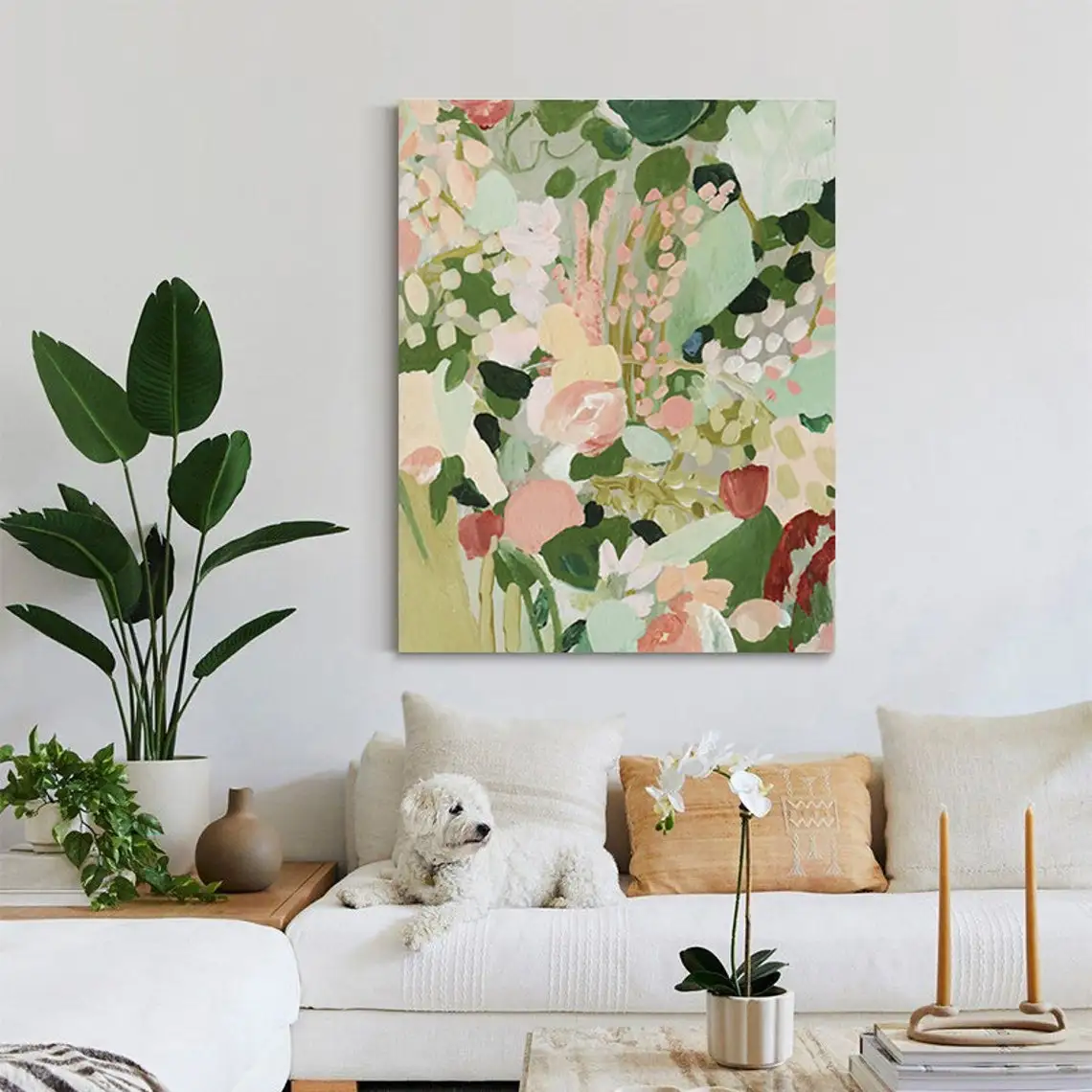 Abstract Green Flowers Oil Painting on Canvas Large Modern Floral Texture Acrylic Painting Boho Living Room Wall Art Home Decor