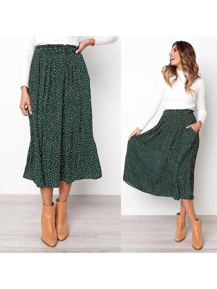 White Dots Floral Print Pleated Midi Skirt Women Elastic High Waist Side Pockets Skirts Summer Elegant Female Bottom