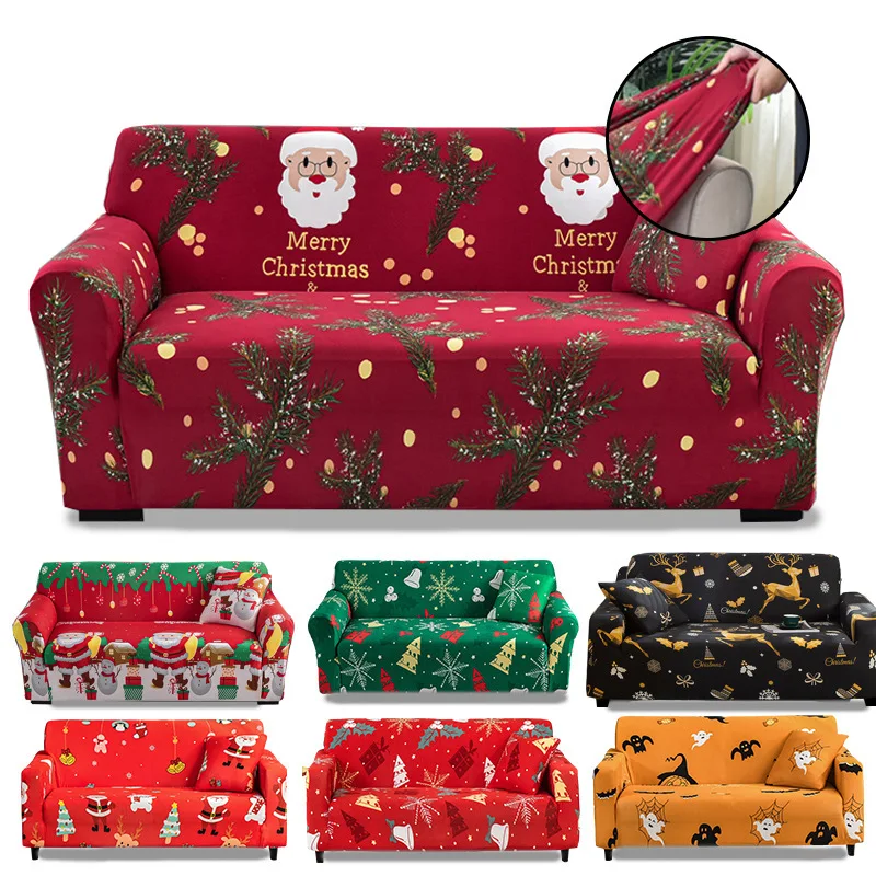 Christmas Printed Elastic Sofa Cover Living Room Dust-Proof Soft Couch Slipcover Comfortable Stretch Holiday Party Decoration
