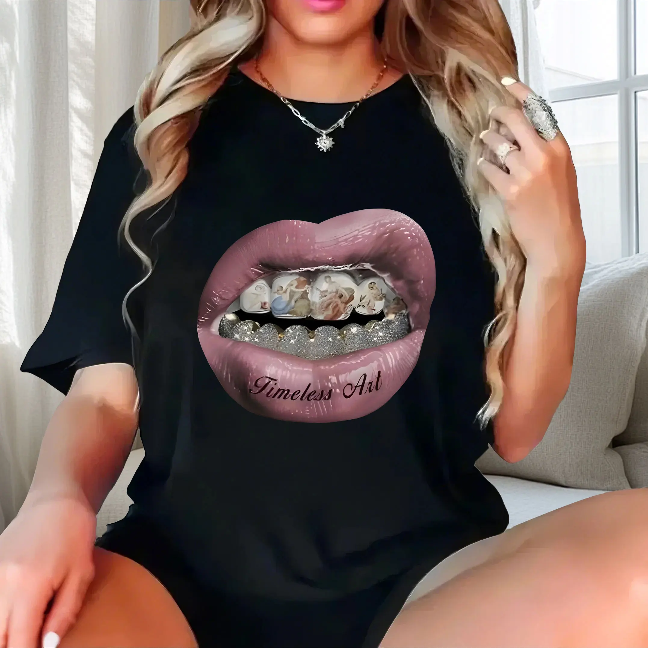 

Mouth pattern print plus size Ladies' casual short sleeved T-shirt black