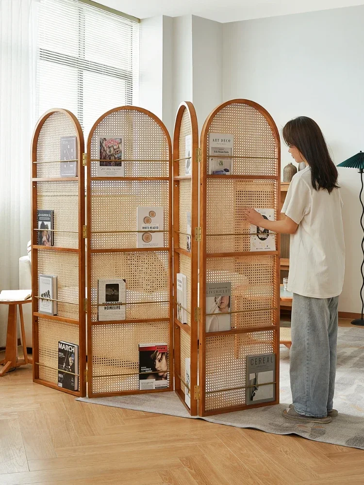 Solid Wood Rattan Subareas Screens Living Room Entrance Covering Foldable Mobile