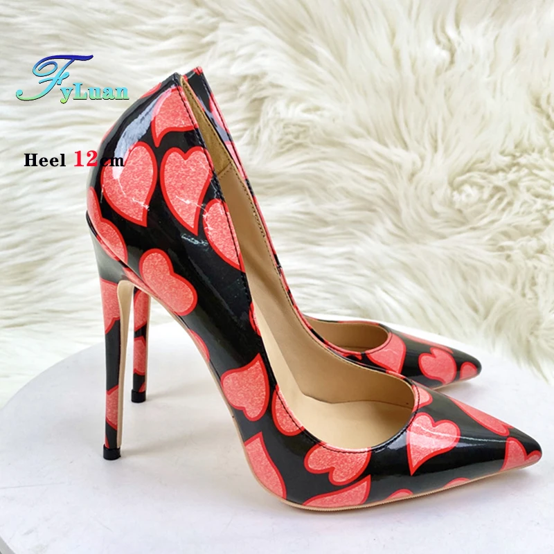 Women Pumps 8cm 10CM 12cm Stiletto Red Heart-shaped Patent Leather Pointed Fashionable Shallow Mouth Single Shoes Banquet Shoes