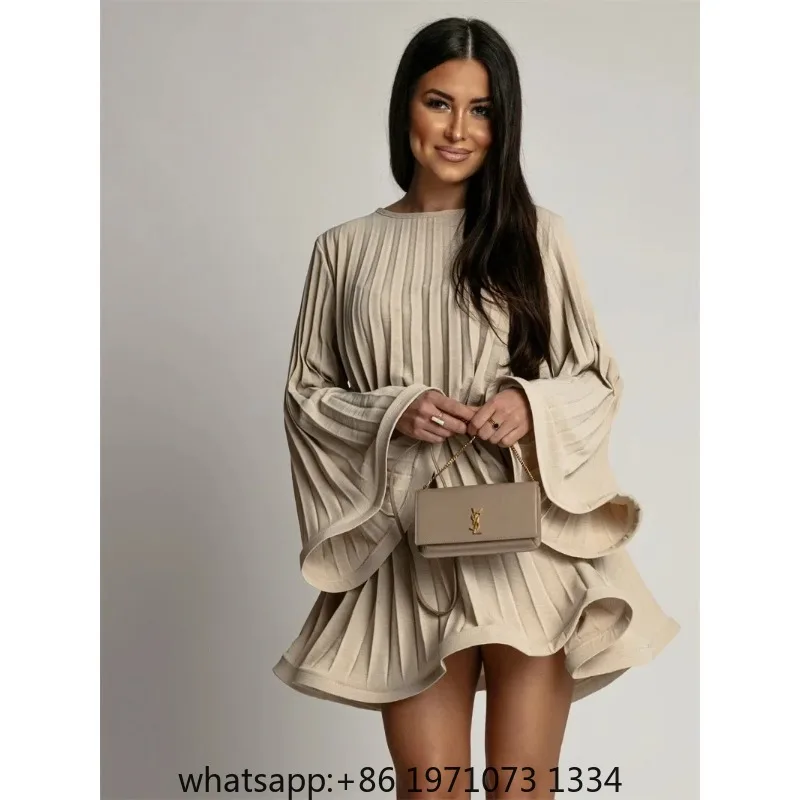New Spring Summer Elegant Pleated Dress Women Fashion Solid Round Neck Flared Sleeve Lace-up Pleated Mini Dress Women