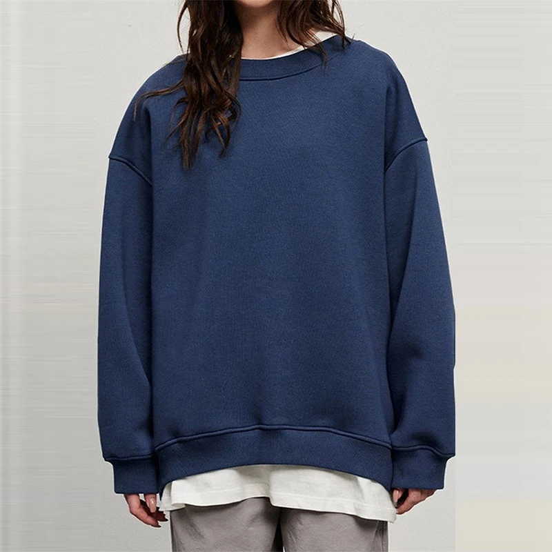 

Autumn Winter Loose Casual Solid Color Sweatshirts Long Sleeves Fashion O Neck Warm Fleece Pullovers Streetwear Fashion Blouses