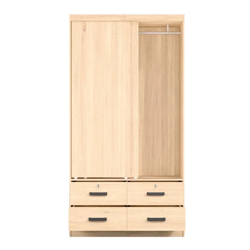 Walnut Sliding Door OEM Clothes Closet Wardrobe Cabinet 2 Door 2 Drawers Door Shelf Design Room Furniture Bedroom Closet Wood