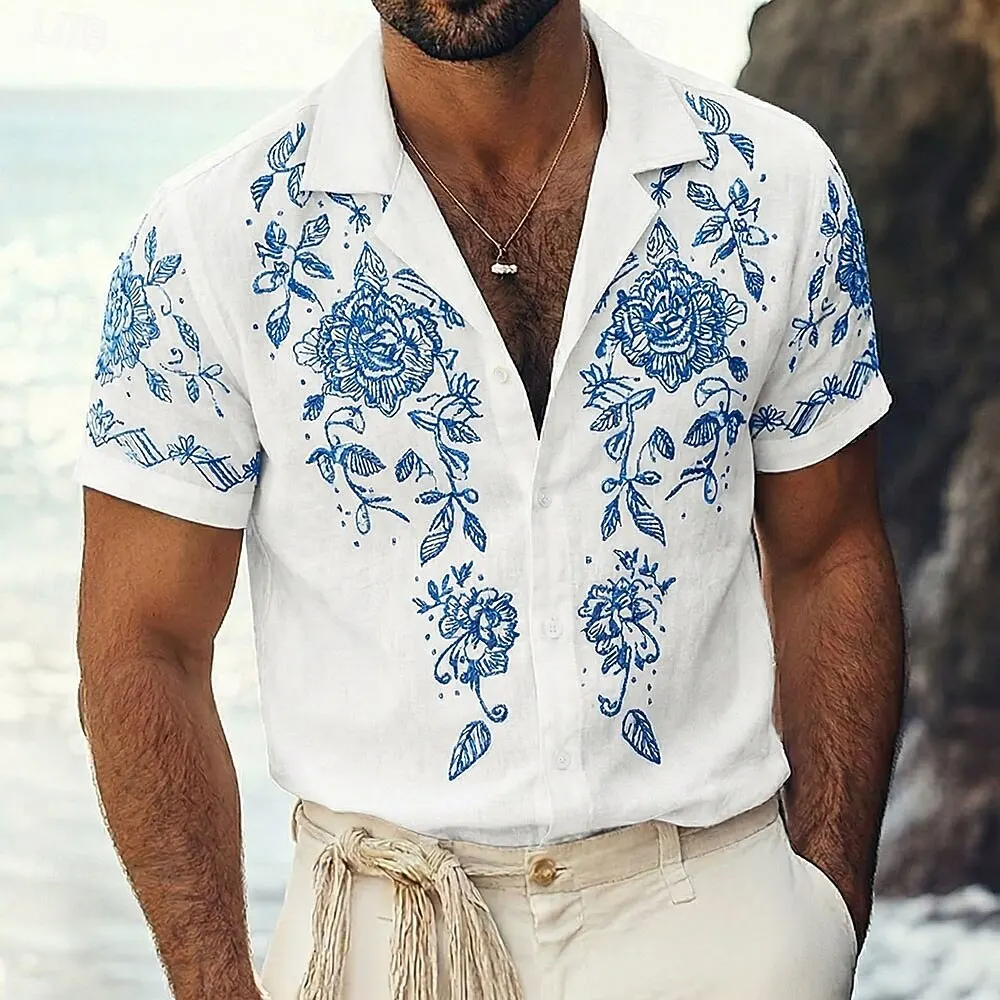 Men's Floral Print Flowers Shirt Short Sleeve 3D Print Button Up Tops for Daily Beach Vacation Wear in Spring & Summer