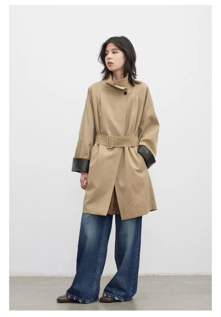 CHIC VEN Korean Women Mid Length PU Jacket Stand Collar One-button Laced Up Overcoat Office Lady Trench Coat Spring Autumn 2026