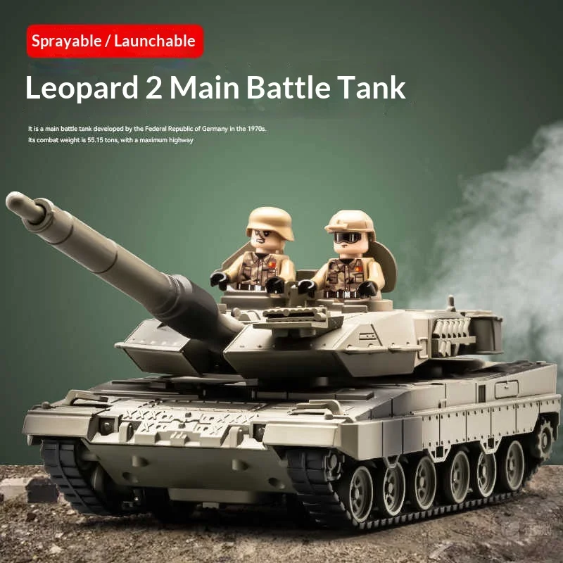 Generic Alloy Leopard 2 Main Battle Tank Model Tracked Armored Car Rotating Turret Fireable Missile Spray Kids Toy Decoration