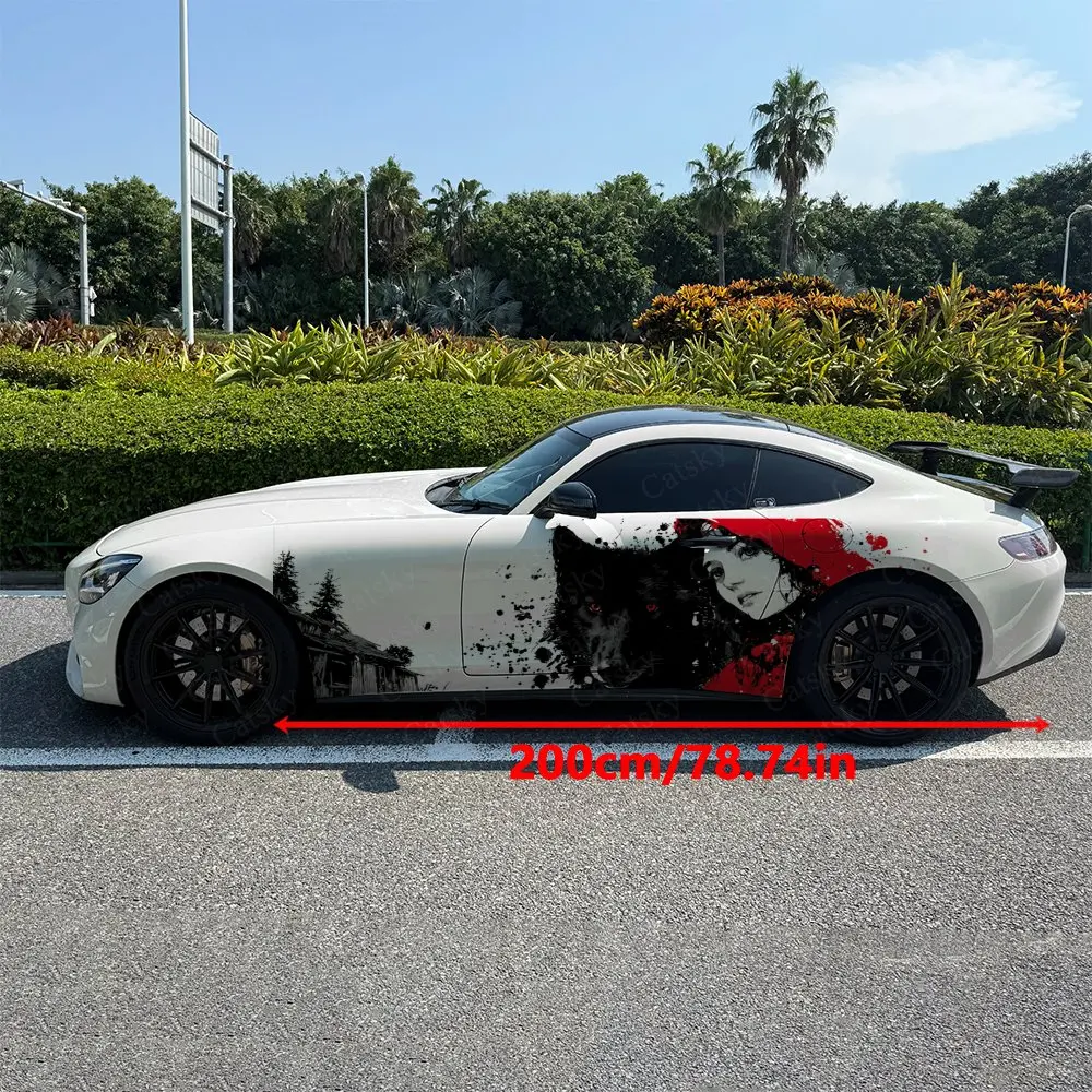 2pcs Red Cape Figure and Wolf Car Side Wraps, Self-Adhesive PVC Waterproof & Scratch-Resistant Stickers, Car Accessory Gift