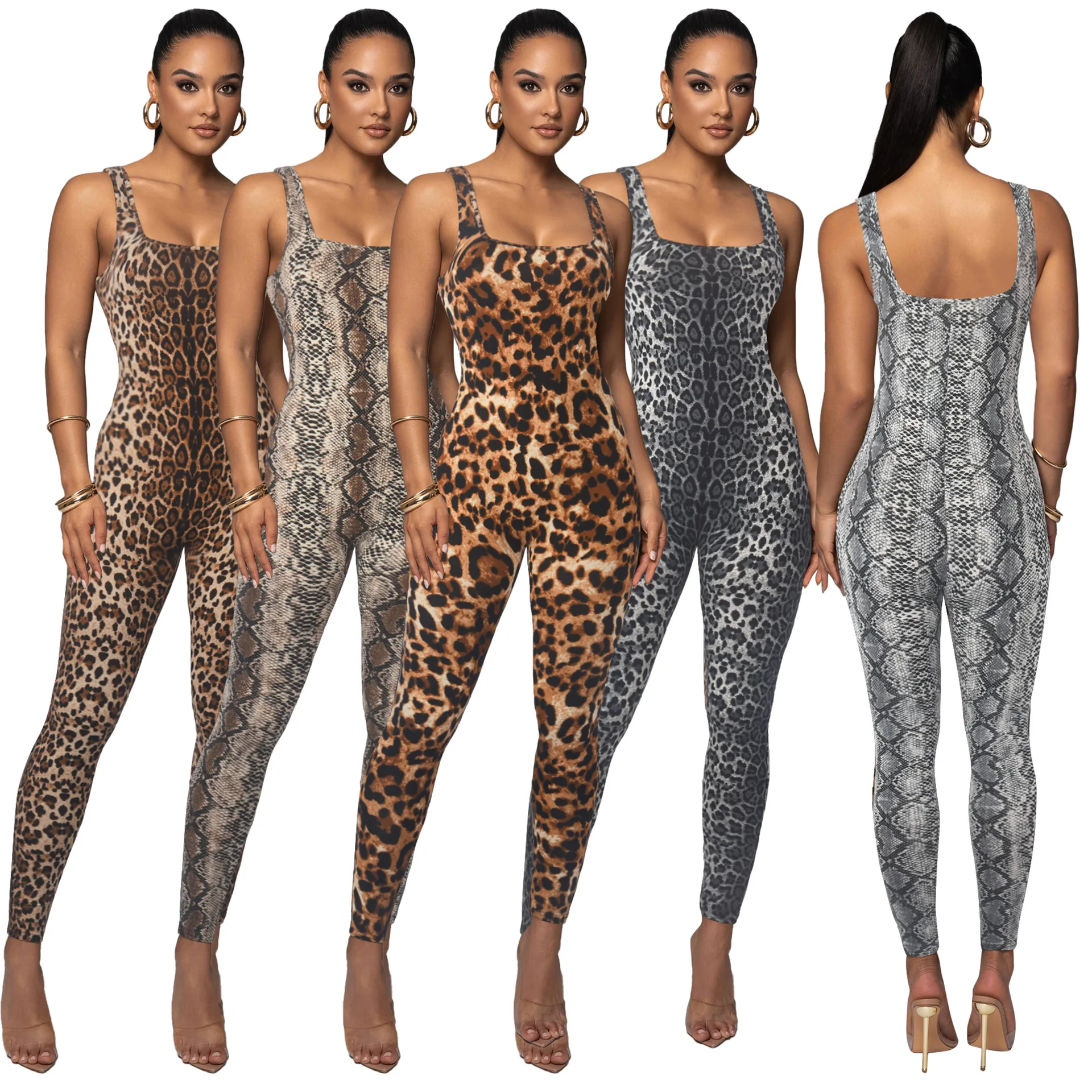 

Women's printed sleeveless vest 2025 jumpsuit with threaded square collar and exposed back slim fit sports jumpsuit