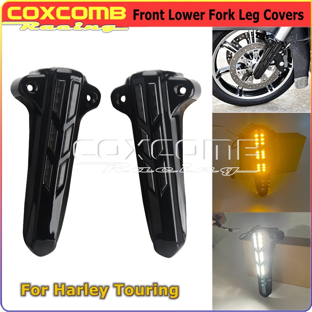 

Motorcycle LED DRL Turn Signal Light Front Lower Fork Legs Cover For Harley Touring FLHT FLHX FLHR Road King Street Glide 14-19