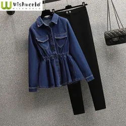 Spring and Autumn Season New Korean Edition High End Slim Medium Length Denim Jacket Casual Pants Age Reducing Two-piece Set