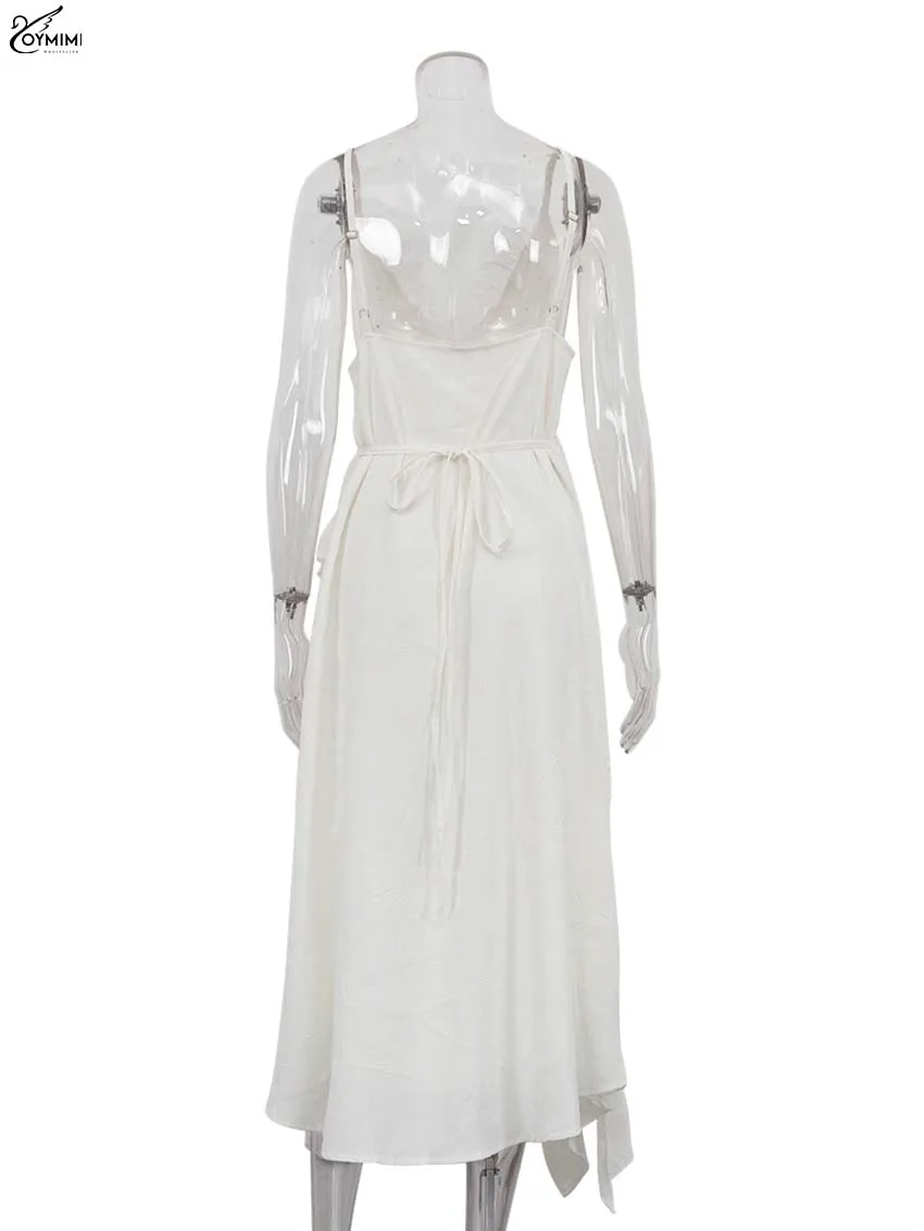 فساتين Oymimi أنيقة من الدانتيل الأبيض 2025 فساتين نسائية غير رسمية بحزام سباغيتي مفتوحة الظهر فستان صيفي مكشكش برباط ملابس خروج #6
